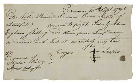 (SLAVERY AND ABOLITION--MANUSCRIPT.) Promissory Note, wherein Cezar Scipio promises to pay Forbes G. Adam the sum of eighteen shillings